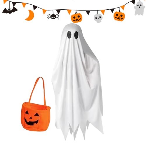 Disfraz de fantasma de Halloween, disfraz de capa de fantasma espeluznante para niños, traje de cosplay con bolsas de truco o trato de calabaza para niños, niñas, eventos, fiestas, festivales