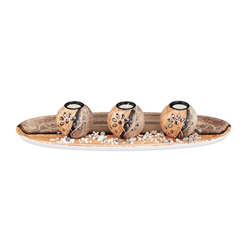 Relaxdays Suporte de velas com tigela decorativa redonda e velas pequenas, DM - areia, castanho, 51,5 cm de comprimento