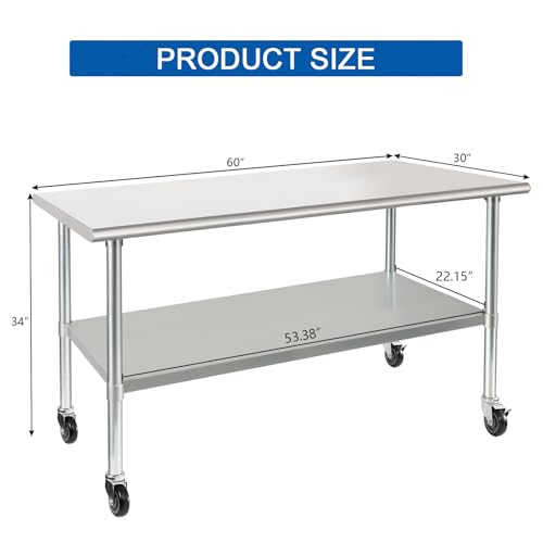 Image of HARDURA Stainless Steel Table with Wheels 30 x 60 Inches Casters NSF Heavy Duty Commercial Work & Prep Table with Undershelf and Galvanized Legs for Restaurant Kitchen Bar and Hotel Garage