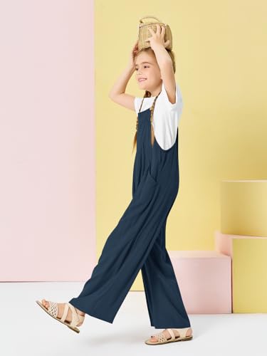 Image of Haloumoning Girls Overalls Kids Casual Sleeveless Wide Leg Jumpsuit Loose Rompers with Pockets 5-14 Years