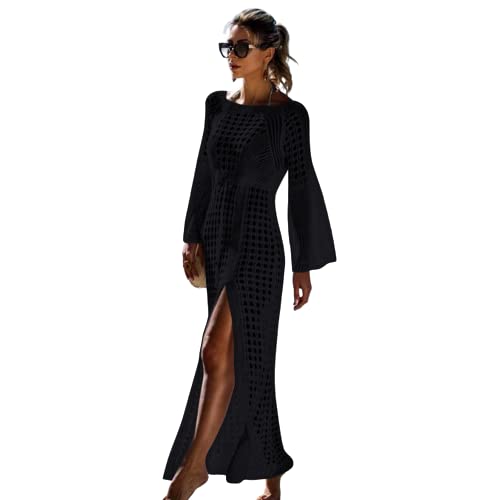momisy Women's Crochet Summer Beach Dress Long Sleeve Square Neck Floral Lace Hollow Bikini Cover Up Cardigan Beachwear Dress-picture-20