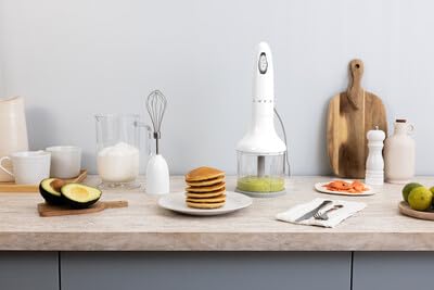 Image of SMEG Handheld Immersion Blender with Beaker, Chopping Bowl w /Lid, Wire Whisk, 5 Speed Controls, made with Stainless Steel Blades and Ergonomic Design (White)