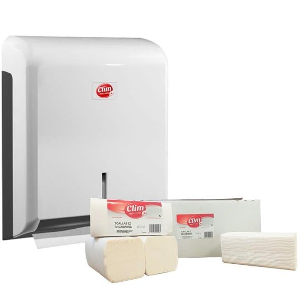 Clim Profesional Pack Dispensador Toallas Zig Zag 600 uds y Caja 3000 | ABS Blanco, Cerradura y Llave, Doble Capa Suave, 20 Paquetes de 150uds, Aseos Públicos