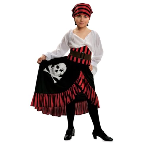 My Other Me - Disfarce pirata para menina, tamanho 10-12 anos. Inclui lenço vermelho às riscas pretas, vestido branco com saia preta com folhos às riscas e estampado de caveira, espartilho e cinto