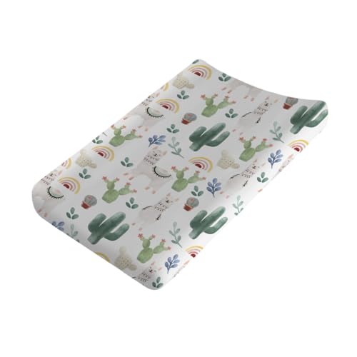 Image of Cute Llama Changing Pad Cover Funny Llama Cactus Leaves Rainbow Unisex Diaper Change Table Covers for Boys Girls Soft Stretchy Baby Changing Mats Sheets 32''x16''