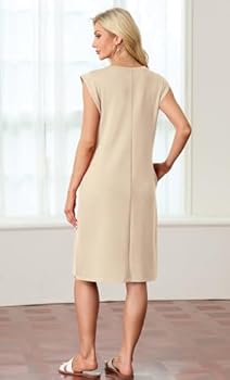 GRECERELLE Zomerjurk voor dames, casual hemdjurk, mouwloos, met zijsplit en zakken, elegante midi-lengte, abrikozenwit, S GRECERELLE Zomerjurk voor dames, casual hemdjurk, mouwloos, met zijsplit en zakken, elegante midi-lengte, abrikozenwit, S