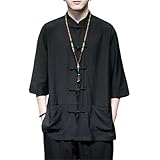 M-5XL Plus Size Men Tai Chi Clothing Wing Chun Kung Fu Clothes Half Sleeves Tang Shirt Summer Stretwear Tang Clothing(Black Linen Shirts,XL)