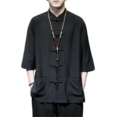 M-5XL Plus Size Men Tai Chi Clothing Wing Chun Kung Fu Clothes Half Sleeves Tang Shirt Summer Stretwear Tang Clothing(Black Linen Shirts,XL)