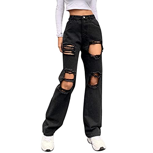 Hulzogul Jeans baggy para mulheres, Y2K Calça jeans rasgada, cintura alta, perna reta, moderna e con