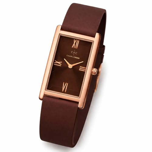 Image of CHARLIEKEEN Rectangular Wristwatch, Black Dial with Rose Gold Roman Numerals, Silicone Strap, Elegant Style (Rose Gold, Brown, Brown)