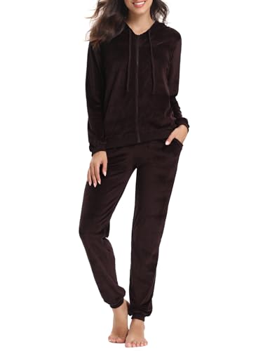 Aottori Survêtement Femme Velours Ensembles Sportswear 2 Pièce Zippé à Capuche Ensemble de Sport Jogging Pantalon Décontracté Pyjama d'intérieur Vêtements Marron XL