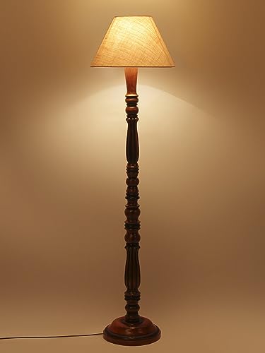 Image of White Jute Shade Wooden Floor Lamp with Wooden Base, Height - 53 Inches | Contemporary Standing Lamp for Living Room, Bedroom & Office | Elegant Lighting for Stylish Home Interiors