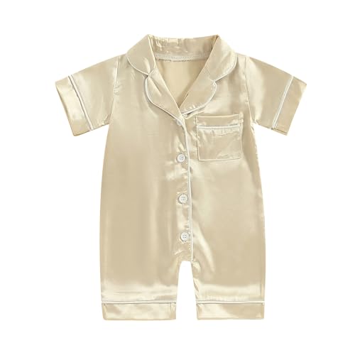 Image of Multitrust Newborn Baby Boy Girl Silk Pajamas Short Sleeve Button Up Satin Pjs One Piece Romper Onesie Shorts Baby Sleepwears