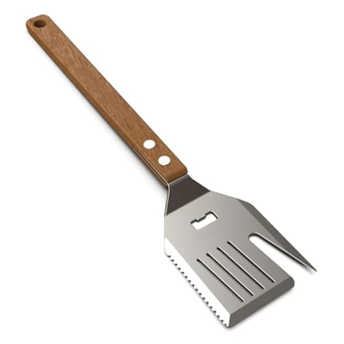 Cepillo para parrilla de hierro fundido con raspador de acero inoxidable, cepillo para barbacoa con 1 cabezal de cepillo de repuesto y mango largo de madera, el mejor accesorio para barbacoa de gas