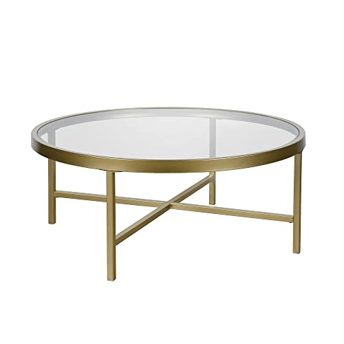 Henn&Hart 36" Wide Round Coffee Table With Glass Top In Brass, Modern Coffee Tables For Living Room, Studio Apartment Essentials #TOP6