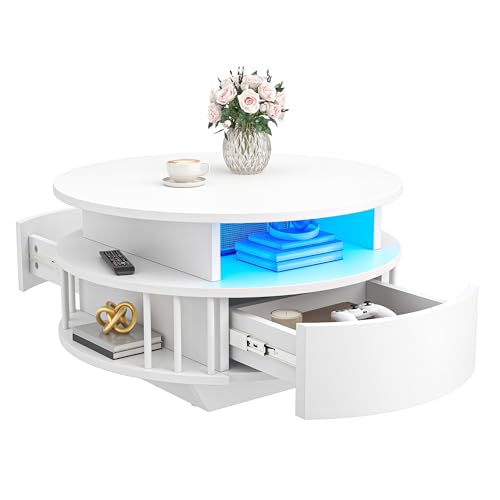 YITAHOME Table Basse Ronde Moderne avec LED, 70 cm, 2 Niveaux de Rangement et 2 Tiroirs, Design Canné, Étagères, Table d'Accent pour Salon, Blanc