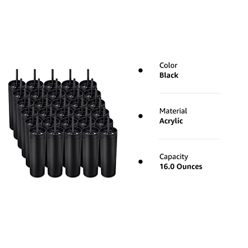 Mimorou 30 Pack Skinny Tumbler With Lids And Straws 16 Oz Matte Colored Acrylic Tumblers Double Wall Plastic Tumbler Cups Skinny Travel Tumbler Reusable Cup For Parties Birthday Home Office (Black) #TOP7