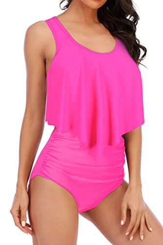 Image of Women High Waisted Bikini Swimsuit Flounce Vintage 2 Piece Bathing Suits | Vintage,tummy control,two piece bathing suits,plus size,swimwear,ruffled,tankini top,bikini bottom