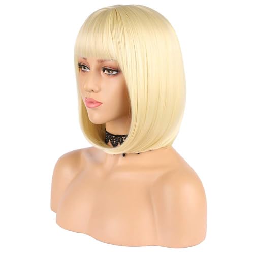 Dark Blonde Straight Bob Wig with Bangs Short Length Apple Cut