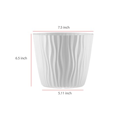 Image of StyleX Store Plastic Round Flower Pots with Drainage Hole Saucers | Durable Outdoor Indoor Wave Pattern Planters with Tray | Plant Containers for Balcony, Garden, Office, and Home (Set of 5, White)