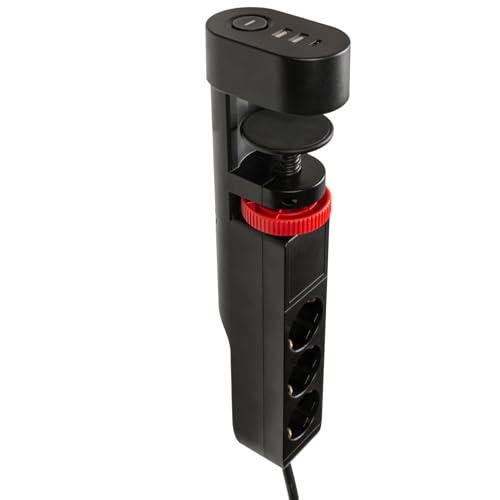 FeinTech MD833 Tischsteckdose klemmbar 3 Fach Steckdose mit 2X USB und 1x USB-C PD (20W), Steckdosenleiste Schreibtisch mit Schalter, 3m Kabel, schwarz