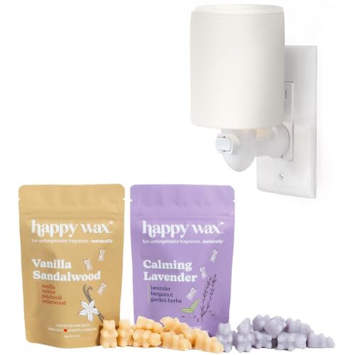 Happy Wax Outlet Warmer w/4oz Collection Pack of Scented Wax - Compact Wall Plug in Wax Melt Warmer w/Collection Pack of Two 2oz Scented Soy Wax Melts (Bone