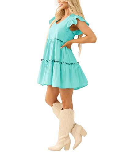 Image of Women's Summer Babydoll Mini Dress V Neck Tie Back Ruffle Sleeve Casual Tiered Loose Flowy Swing Tunic Shift Dress
