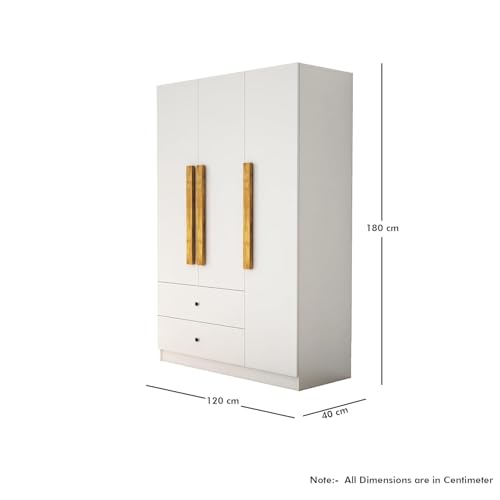 Image of Bniture Wooden Almirah for Clothes, Door for Bedroom, 3 Door Wardrobe with 2 Drawer & Hanging Space (40D x 120W x 180H CM) | 3 Year Warranty (Frosty White)