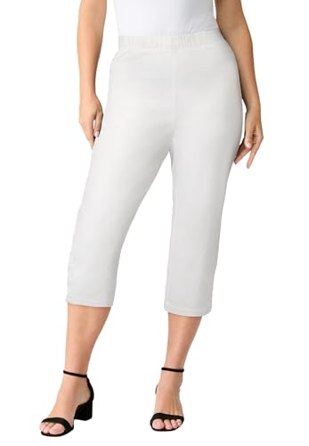 Roaman's Women's Plus Size Plus Size Comfort Stretch Button Detail Capri Jean - 22 W, White Denim