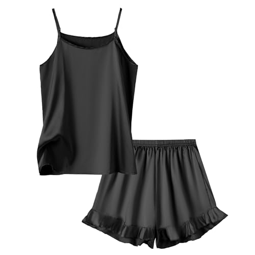 Umeyda Girls & Women Sexy Silk Satin Ruffled Pajamas Sets 2Pj Silk Nightwear Shorts Pjs Set Sleepwear