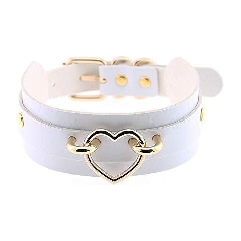 Jurxy Breit Lederhalsband Halskette Herz Form Damen Leder Choker Metall Ring Halsband Gotik Punk Rock Lederband Einstellbar Kragen - Weiß mit Gold Herz Cover