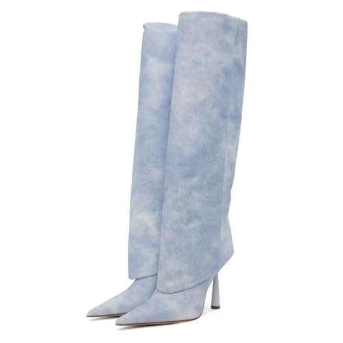 Image of Goolita Fold Over Boots For Women, Pointed Toe Stiletto Heel Knee High Boots Fashion Comfortable Slip On Tall Boots