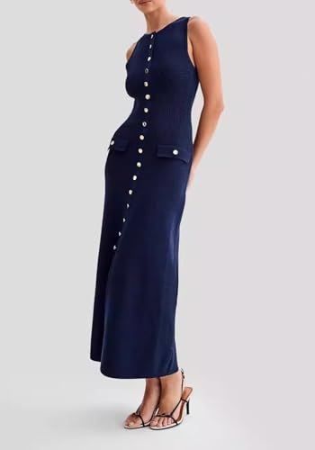 Famnbro Womens Elegant Dress Knit Sleeveless 2025 Summer Button Bodycon Office Work Business Casual Dresses2