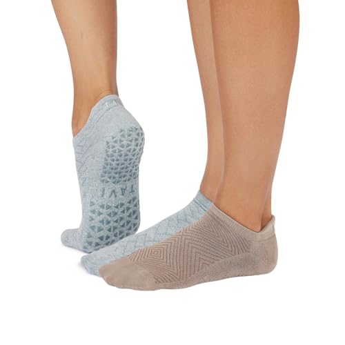 TAVI Women’s Savvy Grip Socks 2-Pack - Pilates Socks with Grips for Women, Slipper Socks for Pilates, Yoga, and Ballet - Shitake Geo/Mirage Heather, Small