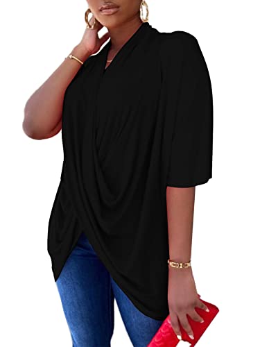 Lyaner Women's Wrap V Neck Ruched Short Sleeve Split Hem Blouse Shirt Tunic Top Black X-Large #TOP2