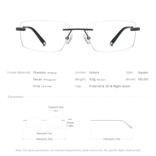 Image of FONEX Pure Titanium Glasses Frame Men Square Magnet Clip On Eyeglasses with Polarized Lens