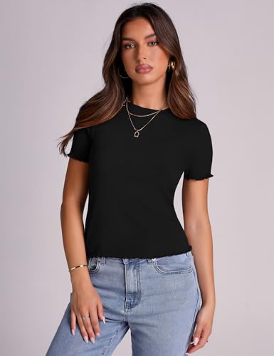 LOMON Women's Crew Neck Short Sleeves T Shirts Ribbed Knit Summer Basic Fitted Tees Lettuce Edge Going Out Tops2