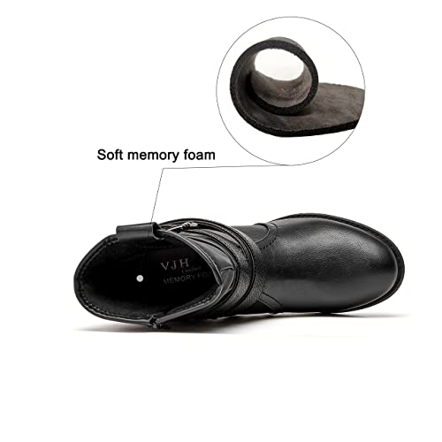 VJH confort Women's Mid Calf Boots,Round Toe Comfort Low Heel Slouchy Dress Booties with Buckle Strap Side Zipper3