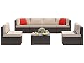 Vongrasig 7 Pieces Patio Furniture Sets, Outdoor Modular Sectional Sofa Patio Conversation Set PE Rattan Wicker Sectional Couch with Cushion, Glass Table for Patio, Garden, Poolside, Beige