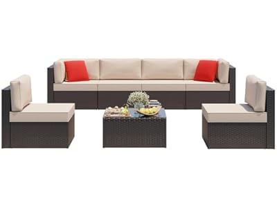 Vongrasig 7 Pieces Patio Furniture Sets, Outdoor Modular Sectional Sofa Patio Conversation Set PE Rattan Wicker Sectional Couch with Cushion, Glass Table for Patio, Garden, Poolside, Beige