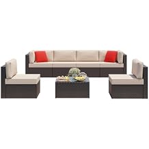 Vongrasig 7 Pieces Patio Furniture Sets, Outdoor Modular Sectional Sofa Patio Conversation Set PE Rattan Wicker Sectional Couch with Cushion, Glass Table for Patio, Garden, Poolside, Beige