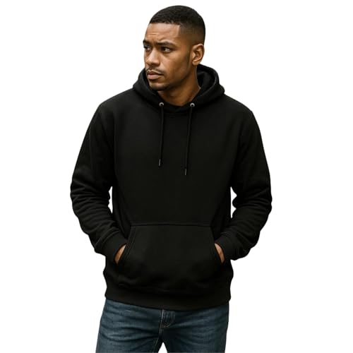 True Face Mens Hoodie Pullover Classic Hooded Fleece Top Plain Ribbed Cuff Long Sleeve Sweatshirt Pull Over Jumper Hoody Top Black M