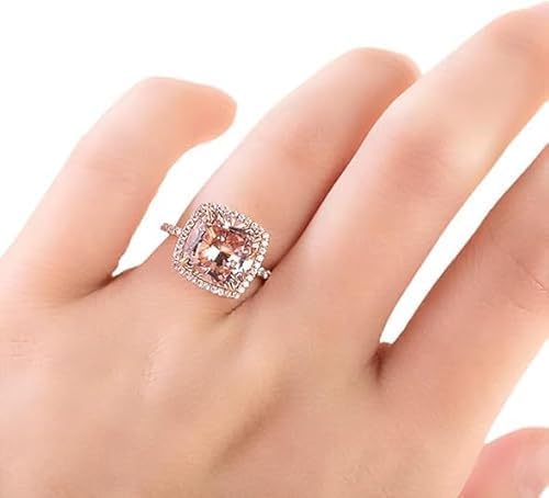 4 Carat Cushion Cut Morganite Ring with Diamond Halo, 14K Rose Gold Finish, 925 Sterling Silver, Wedding Ring for Women