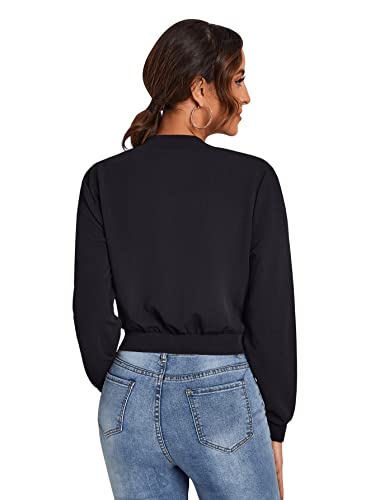 Sweatyrocks Women's Casual Long Sleeve Solid Zip Up Coat Crop Bomber Jacket Black M #TOP1