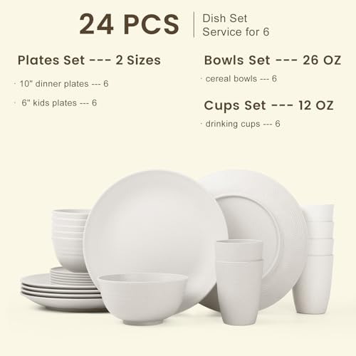 Image of Homienly Premium Wheat Straw Dinnerware Sets - 24 PCS Dinner Plates,Plates,Cereal Bowls,Drinking Cups,Lightweight & Unbreakable Dishes Sets for 6,Dishwasher & Microwave Safe for Home - White