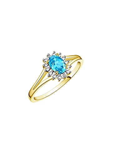 Image of Rylos Halo Ring: Diamond Birthstone with 6X4MM Oval Gemstone - Women's Jewelry in Yellow Gold Plated Silver - Stunning Diamond Ring Sizes 5-10