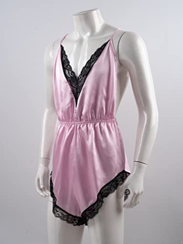 Jhaoyu Men One-piece Lingerie Jumpsuit Lace Trim Shorts Romper Pajamas Silky Satin V Neck Sissy Nightwear3