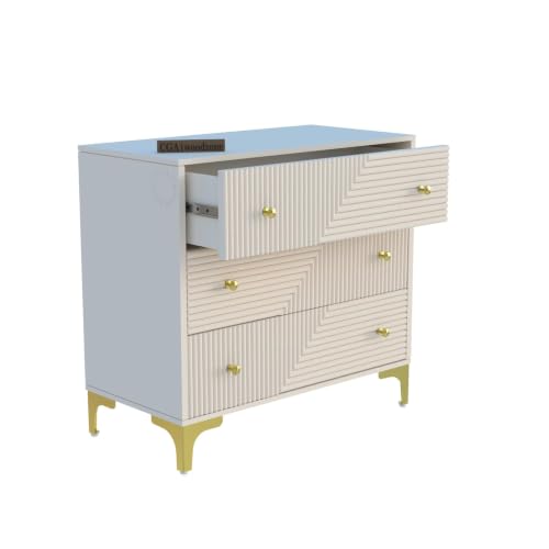 Image of Chest of Drawers for Home, Bedroom & Living Room | Wooden 3 Drawer Storage Cabinet & Clothes Organizer Dresser with Textured Front & Metal Legs | HDMR Warm White Finish