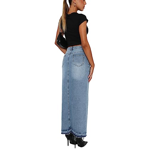 lisenraIn Women Long Denim Skirt Front Slit Maxi Skirt Y2K Fashion Streetwear High Waist Jean Skirt with Pockets3
