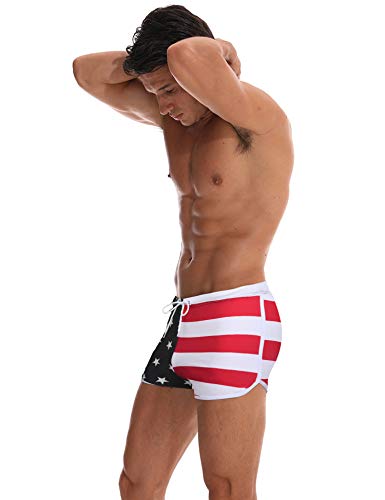 Ekouaer Men Swimwear Swimsuits Swim Trunks Beach Brief Shorts American Flag Side Board Running Shorts #TOP3